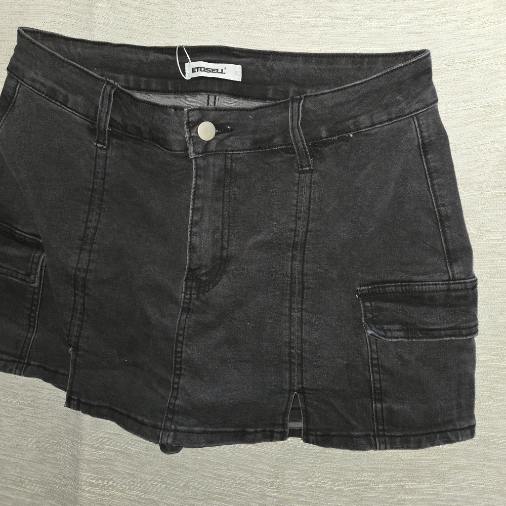 Etosel black Charcoal Denim Skort skirt shorts goth - Picture 5 of 8
